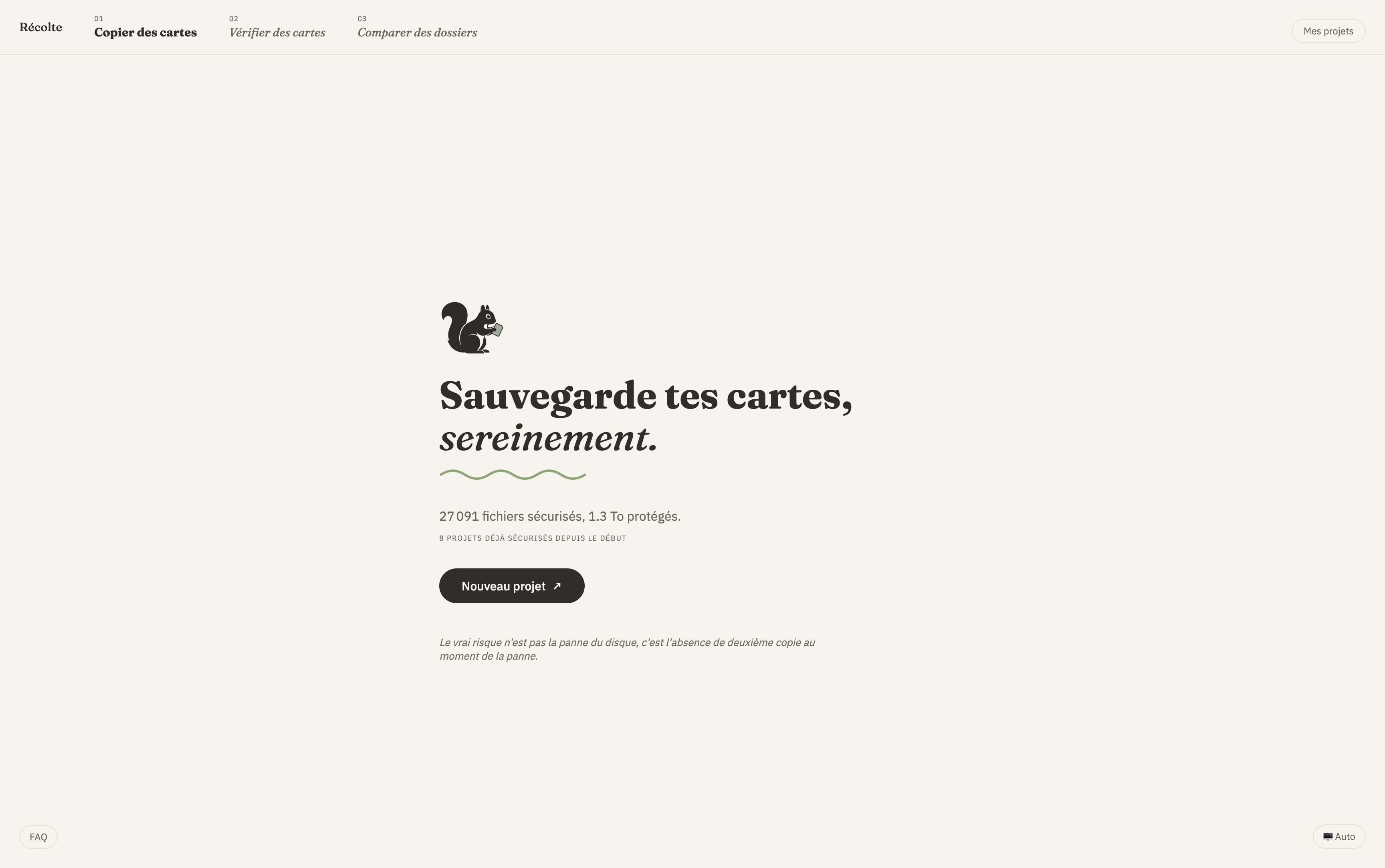 Récolte — écran d'accueil de l'app